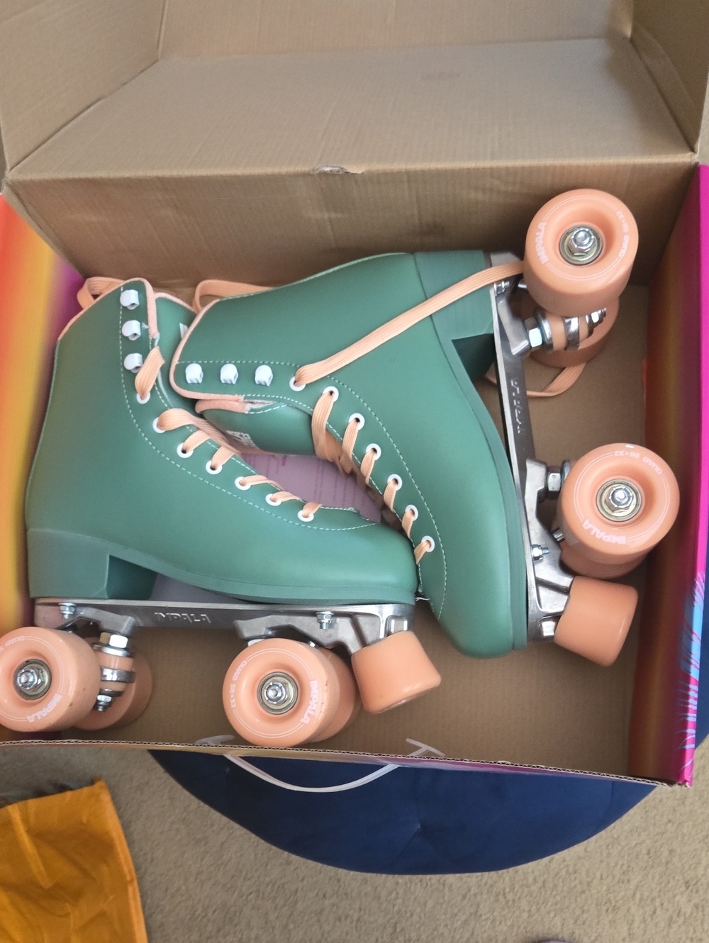 Impala Mint Green Roller Skates with Peach Wheels, Size 5